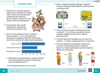 30 31Тема 1 • ЗМІНИ
1.	Назви ім’я та прізвище відомого
українського письменника, автора
повісті-казки про пригоди звірят
у чарівній країні Павутинії.
Які ще твори він написав? Як і де
можна знайти цю інформацію?
4.	Тарас та Андрій розробили маршрут подорожі.
Скільки кілометрів треба подолати, щоб потрапити
зі школи до лісу?
2 км
Тарас
Катя
Оксанка
Андрій
1 км
13 км
Перевір себе
☼☼ Куди вирушать другокласники та другокласниці,
якщо вони домовилися обрати той маршрут,
що до вподоби більшості?
5.	Катя з’ясувала, що вартість проїзду для учнів
в автобусі — 3 грн. Скільки грошей для оплати
проїзду в обидва боки має бути в кожного
другокласника?
6.	О котрій годині діти прибудуть до лісу, якщо час
у дорозі — 2 години, а вирушили вони о 10-й ранку?
7.	Коли діти збирались у мандрівку, перед ними
постало питання вибору зручного вбрання.
Визнач, хто обрав відповідний одяг для подорожі.
Обґрунтуй свою думку.
3.	Учні 2-А класу довідалися, що 27 вересня —
Всесвітній день туризму. Діти вирішили
організувати мандрівку. Михайло опитав одно­
класників, а результати подав у вигляді діаграми.
0 2 4 6 8 10 12
Мандрівка до річки
Прогулянка містом
Похід до лісу
2.	Назви відомі тобі способи
передавання повідомлень.
Чим зручний кожний із них?
☼☼ Скільки дітей навчається у 2-А класі?
svitdovkola.org/2/1
ДО ЗМІСТУ
 