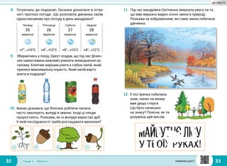 32 33Тема 1 • ЗМІНИ
8.	 Готуючись до подорожі, Оксанка дізналася в інтер-
неті прогноз погоди. Що розповіла дівчинка своїм
однокласникам про погоду в день мандрівки?
9.	 Збираючись у похід, Орест згадав, що під час фізич-
них навантажень важливо уникати зневоднення ор-
ганізму. Хлопчик вирішив узяти з собою напій, який
принесе максимальну користь. Який напій варто
взяти в подорож?
10.	Іванко дізнався, що білочки, роблячи запаси,
часто закопують жолуді в землю. Іноді ці плоди
проростають. Розкажи, як із жолудя виростає дуб.
У якій послідовності треба розташувати малюнки?
Четвер П’ятниця Субота Неділя
25 26 27 28
вересня вересня вересня вересня
+7°...+10°С +4°...+12°С +8°...+13°С +8°...+12°С
А ВБ Г
11.	Під час мандрівки Світланка звернула увагу на те,
що вже виразно видно осінні зміни в природі.
Розкажи за зображенням, які саме зміни побачила
дівчинка.
12.	У лісі Іринка побачила
знак, напис на якому
вже дещо стерся.
Що було написано
на знаку? Поясни, як ти
розумієш цей вислів.
svitdovkola.org/2/1
ДО ЗМІСТУ
 
