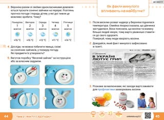 44 45Тема 2 • ФАКТИ І ЗДОГАДКИ
3.	Вероніка разом зі своїми однокласниками домовля-
ються пускати сонячні зайчики на перерві. Розглянь
прогноз погоди і порадь дітям, у які дні тижня це
можливо зробити. Чому?
2
43
1
Понеділок Вівторок Середа Четвер П’ятниця
1 2 3 4 5
жовтня жовтня жовтня жовтня жовтня
+16 °С +16 °С +12 °С +11 °С +14 °С
4.	Досліди, чи можна побачити явища, схожі
на сонячних зайчиків, у похмуру погоду.
Які предмети їх утворюють?
5.	Виготов поробку “Веселий зайчик” за інструкцією
або за власним задумом.
Як факти минулого
впливають на майбутнє?
1.	Після веселих розваг надворі у Вероніки піднялася
температура. Сімейна лікарка сказала, що дівчинка
застудилася. Вона пояснила, що восени та взимку
більше людей хворіє, тому варто уважніше ставити-
ся до свого здоров’я.
Поміркуй, чому люди хворіють восени.
2.	Довідайся, який факт минулого зафіксовано
в газеті.
3.	Розкажи за малюнками, які заходи варто вживати
для профілактики захворювань восени.
svitdovkola.org/2/2
ДО ЗМІСТУ
 
