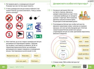 81Тема 3 • ТЕРИТОРІЯ80
4.	Які правила діють у громадських місцях?
Розкажи про них гостям нашої планети.
5.	У яких громадських місцях можна побачити такі
знаки? Поясни, що вони означають. Чому ці знаки
різного кольору?
6.	Фліп помітив, що не всі люди в громадських місцях
дотримуються відповідних правил, і вирішив,
що на деякі з них можна не зважати. Як би ти
переконав/переконала Фліпа, що необхідно
дотримуватися правил поведінки в громадських
місцях. Свої міркування розпочинай зі слів:
Якщо ...Вважається, що ...
Для того, щоб ...
Можливо, ...
Оскільки ...
Де межі мого особистого простору?
Я
Сім’я
Друзі
Знайомі
Служба
допомоги
Незнайомці
маматато
бабуся
Бублик
Данилко
Фліп
водій автобуса
поліцейський
дачниця
3.	Створи схему “Мій особистий простір”.
1.	На уроці в автошколі Фліп сів
за парту з Іриною. Дівчинка
швидко намалювала на парті лінію
і наказала прибульцю не заходити
за межі її території. Фліп попросив
Данилка пояснити вчинок Ірини.
Інсценізуйте їхній можливий діалог.
2.	Розповідаючи Фліпові про особистий простір,
Данилко намалював схему і написав на окремих
аркушах, кого він зустрів упродовж дня. Хлопчик
запропонував Фліпові розмістити аркуші
у відповідних місцях на схемі. Допоможи марсіанину
виконати завдання.
svitdovkola.org/2/3
ДО ЗМІСТУ
 