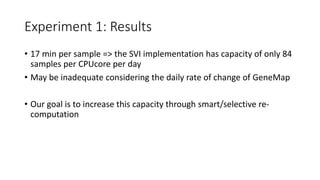 Experiment 1: Results
• 17 min per sample => the SVI implementation has capacity of only 84
samples per CPUcore per day
• May be inadequate considering the daily rate of change of GeneMap
• Our goal is to increase this capacity through smart/selective re-
computation
 