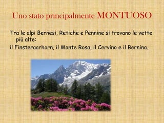 Uno stato principalmente MONTUOSO

Tra le alpi Bernesi, Retiche e Pennine si trovano le vette
   più alte:
il Finsteraarhorn, il Monte Rosa, il Cervino e il Bernina.
 