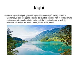 laghi
Numerosi laghi di origine glaciali:il lago di Ginevra (il più vasto), quello di
Costanza, il lago Maggiore e quello dei quattro cantoni. non vi sono pianure
estese,ma solo ampie vallate tra i monti. Le principali sono le valli del
Rodano, del Reno, del Ticino a sud, e dell’ Aare a nord.
 