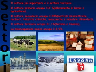 Il settore più importante è il settore terziario.
Il settore primario occupa l’11 %(allevamento di bovini e
agricoltura),
Il settore secondario occupa il 24%(centrali idroelettriche,
nucleari, industrie chimiche, meccaniche e industrie alimentari),
Il settore terziario occupa 61,1%(turismo e finanza),
La disoccupazione invece occupa il 3,9%.

 