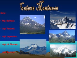 Sono:
• Alpi Bernesi;
• Alpi Pennine;
• Alpi Lepontine;
• Alpi di Glarona;
• Alpi Retiche.
 