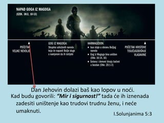 Dan Jehovin dolazi baš kao lopov u noći.
Kad budu govorili: “Mir i sigurnost!” tada će ih iznenada
zadesiti uništenje kao trudovi trudnu ženu, i neće
umaknuti. I.Solunjanima 5:3
 