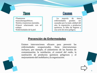 6
•Trastornos
musculoesqueléticos.
•Estrés y trastornos mentales.
•Cáncer relacionado con el
trabajo.
•Enfermedades de la piel.
Prevención de Enfermedades
La mayoría de éstas
enfermedades pueden ser
causadas por la mala calidad del
aire, la exposición a productos
químicos, la falta de higiene y
una serie de otros peligros.
Existen intervenciones eficaces para prevenir las
enfermedades ocupacionales. Estas intervenciones
incluyen, por ejemplo, el aislamiento de las fuentes de
contaminación, la ventilación, el control del ruido, la
sustitución de productos químicos peligrosos y el
mejoramiento del mobiliario y la organización.
 