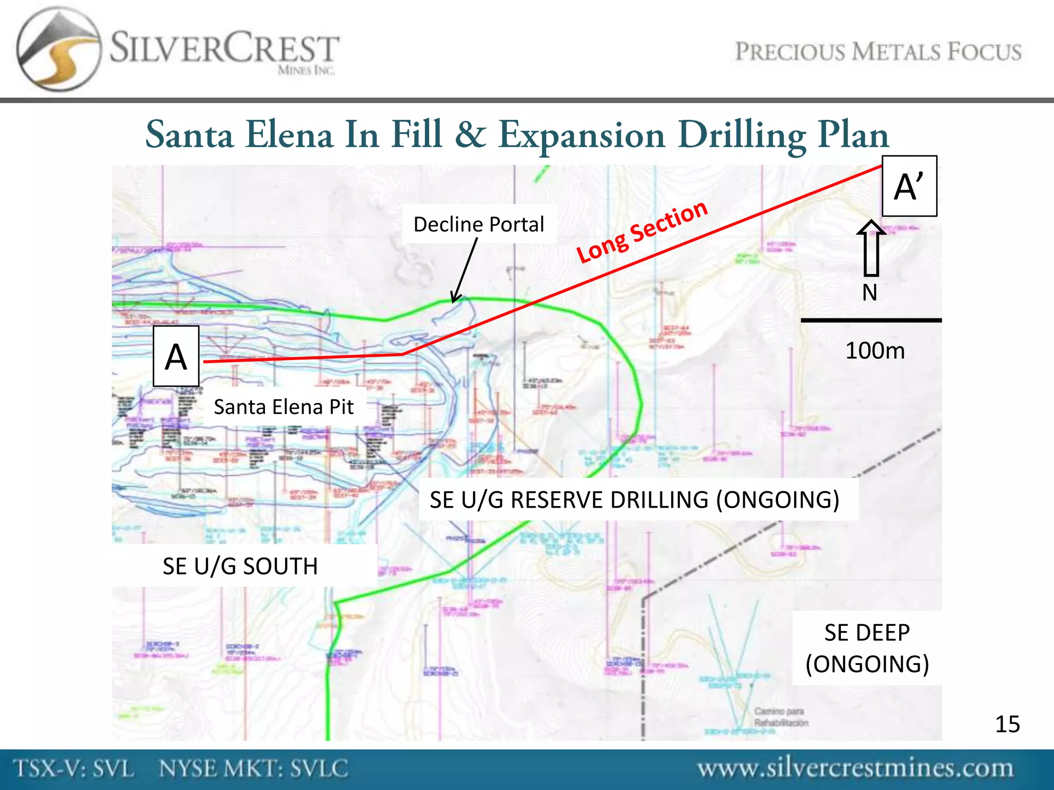 A’
                      Decline Portal

                                                            N

A                                                          100m

    Santa Elena Pit



                       SE U/G RESERVE DRILLING (ONGOING)

SE U/G SOUTH

                                                       SE DEEP
                                                     (ONGOING)

                                                                     15
 