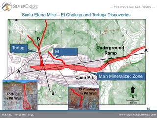 Open Pit
Santa Elena Mine – El Cholugo and Tortuga Discoveries
A
A’
B
B’
Underground
Ramp
Tortuga
In Pit Wall
El Cholugo
In Pit Wall
100m
N
15
Tortug
a El
Cholugo
Main Mineralized Zone
 