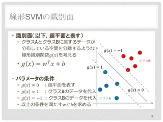 線形SVMの識別面

•



                   クラスB




            クラスA




                      11
 