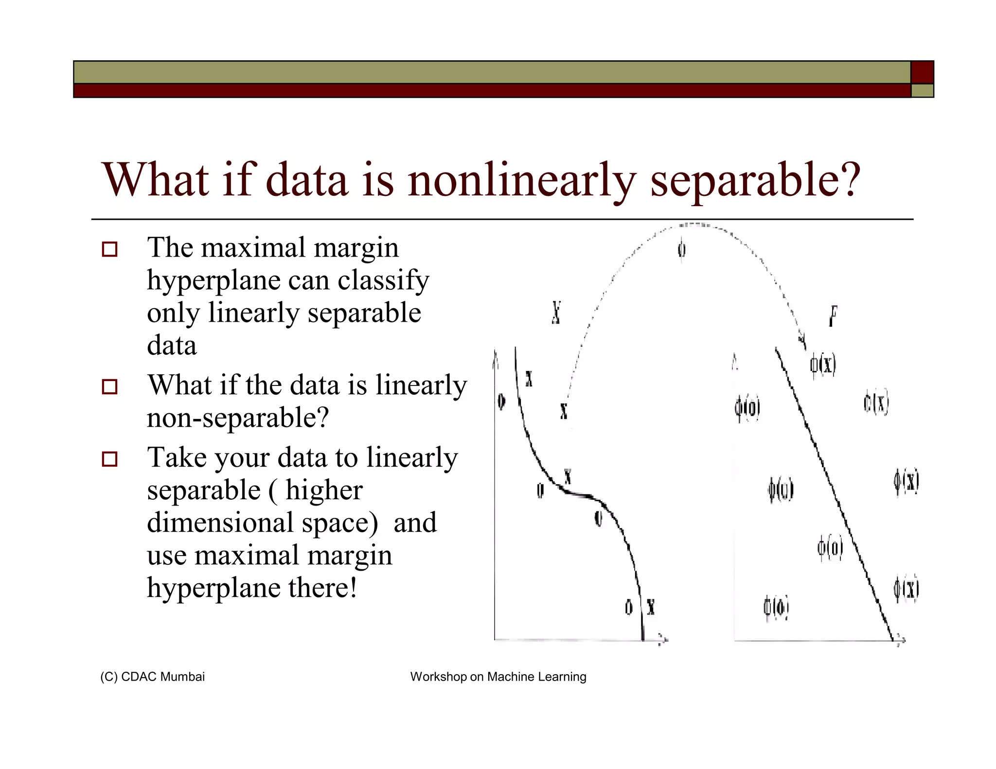 What if data is nonlinearly separable?
The maximal margin
hyperplane can classify
only linearly separable
data
What if the data is linearly
(C) CDAC Mumbai Workshop on Machine Learning
What if the data is linearly
non-separable?
Take your data to linearly
separable ( higher
dimensional space) and
use maximal margin
hyperplane there!
 