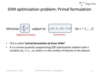 Digg Data
SVM optimization problem: Primal formulation
• This is called “primal formulation of linear SVMs”
• It is a convex quadratic programming (QP) optimization problem with n
variables (wi, i= 1,…,n), where n is the number of features in the dataset.
Thursday, August 7, 2014 WITHOUT TEARS SERIES | www.diggdata.in 18
 