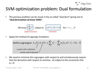 Digg Data
SVM optimization problem: Dual formulation
• The previous problem can be recast in the so-called “dual form” giving rise to
“dual formulation of linear SVMs”.
• Apply the method of Lagrange multipliers.
• We need to minimize this Lagrangian with respect to and simultaneously require
that the derivative with respect to vanishes , all subject to the constraints that
αi > 0
Thursday, August 7, 2014 WITHOUT TEARS SERIES | www.diggdata.in 19
 