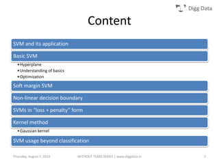 Digg Data
Content
SVM and its application
Basic SVM
•Hyperplane
•Understanding of basics
•Optimization
Soft margin SVM
Non-linear decision boundary
SVMs in “loss + penalty” form
Kernel method
•Gaussian kernel
SVM usage beyond classification
Thursday, August 7, 2014 WITHOUT TEARS SERIES | www.diggdata.in 2
 