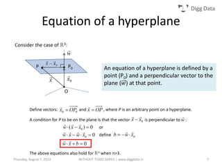 Digg Data
Equation of a hyperplane
An equation of a hyperplane is defined by a
point (P0) and a perpendicular vector to the
plane (𝑤) at that point.
Thursday, August 7, 2014 WITHOUT TEARS SERIES | www.diggdata.in 7
 