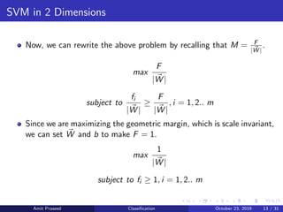 SVM in 2 Dimensions
Now, we can rewrite the above problem by recalling that M = F
|W |
.
max
F
|W |
subject to
fi
|W |
≥
F
|W |
, i = 1, 2.. m
Since we are maximizing the geometric margin, which is scale invariant,
we can set W and b to make F = 1.
max
1
|W |
subject to fi ≥ 1, i = 1, 2.. m
Amit Praseed Classiﬁcation October 23, 2019 13 / 31
 