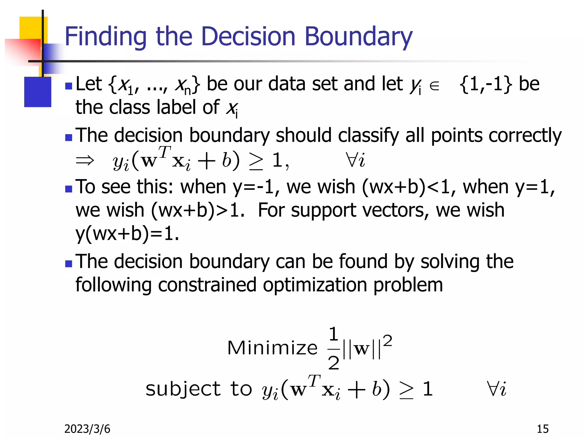 2023/3/6 15
Finding the Decision Boundary
 Let {x1, ..., xn} be our data set and let yi  {1,-1} be
the class label of xi
 The decision boundary should classify all points correctly

 To see this: when y=-1, we wish (wx+b)<1, when y=1,
we wish (wx+b)>1. For support vectors, we wish
y(wx+b)=1.
 The decision boundary can be found by solving the
following constrained optimization problem
 