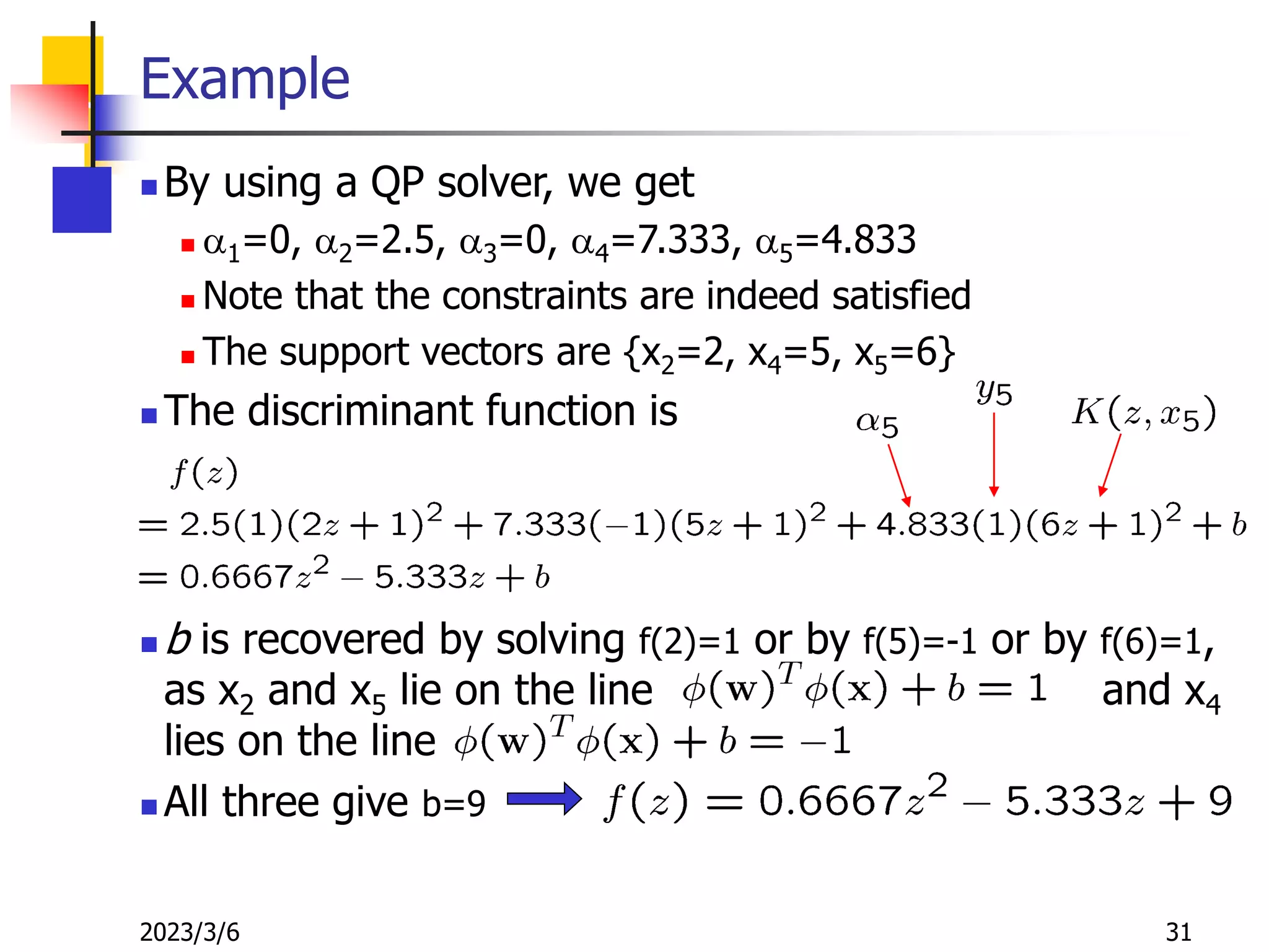 2023/3/6 31
Example
 By using a QP solver, we get
 a1=0, a2=2.5, a3=0, a4=7.333, a5=4.833
 Note that the constraints are indeed satisfied
 The support vectors are {x2=2, x4=5, x5=6}
 The discriminant function is
 b is recovered by solving f(2)=1 or by f(5)=-1 or by f(6)=1,
as x2 and x5 lie on the line and x4
lies on the line
 All three give b=9
 