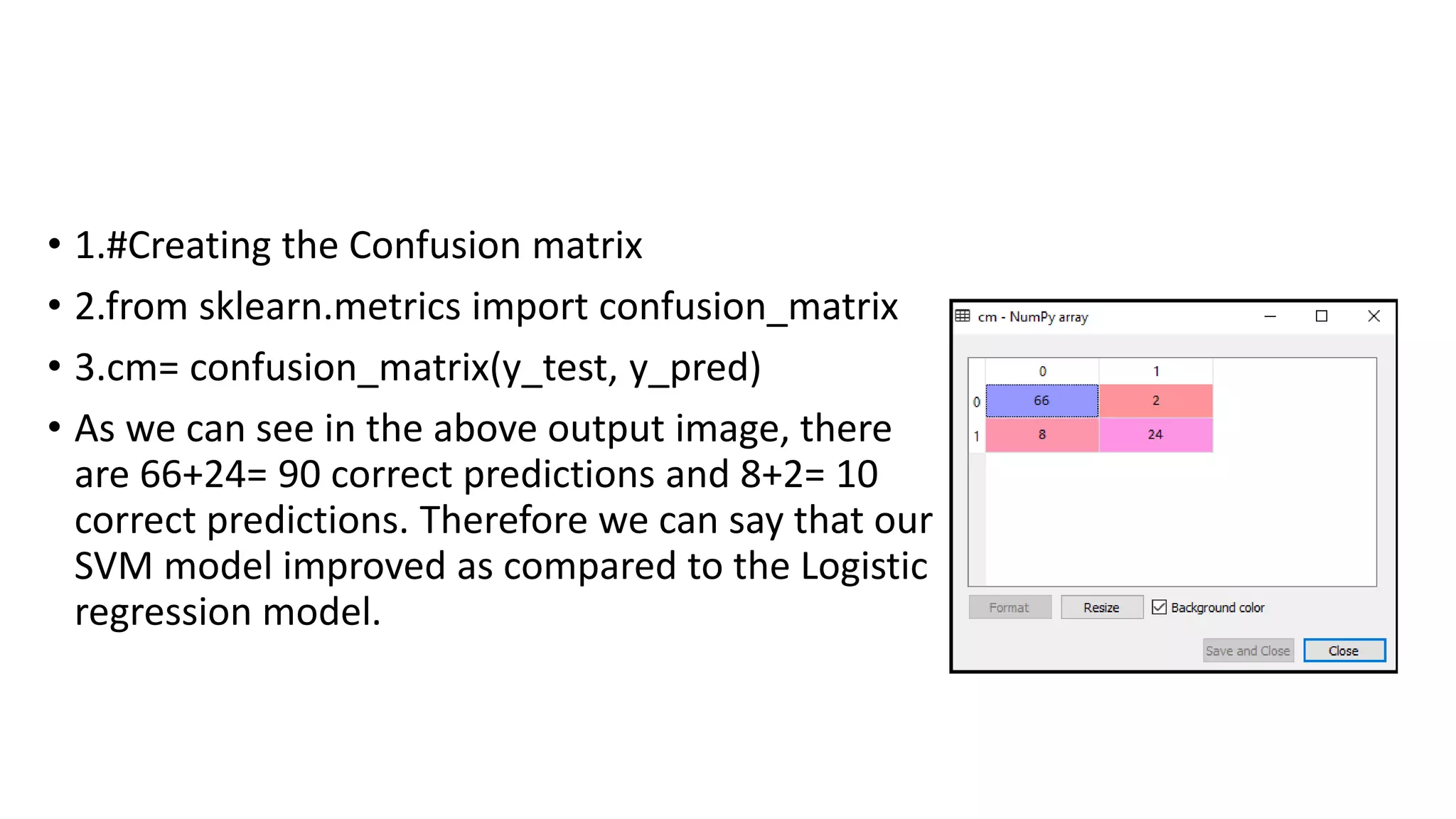 • 1.#Creating the Confusion matrix
• 2.from sklearn.metrics import confusion_matrix
• 3.cm= confusion_matrix(y_test, y_pred)
• As we can see in the above output image, there
are 66+24= 90 correct predictions and 8+2= 10
correct predictions. Therefore we can say that our
SVM model improved as compared to the Logistic
regression model.
 