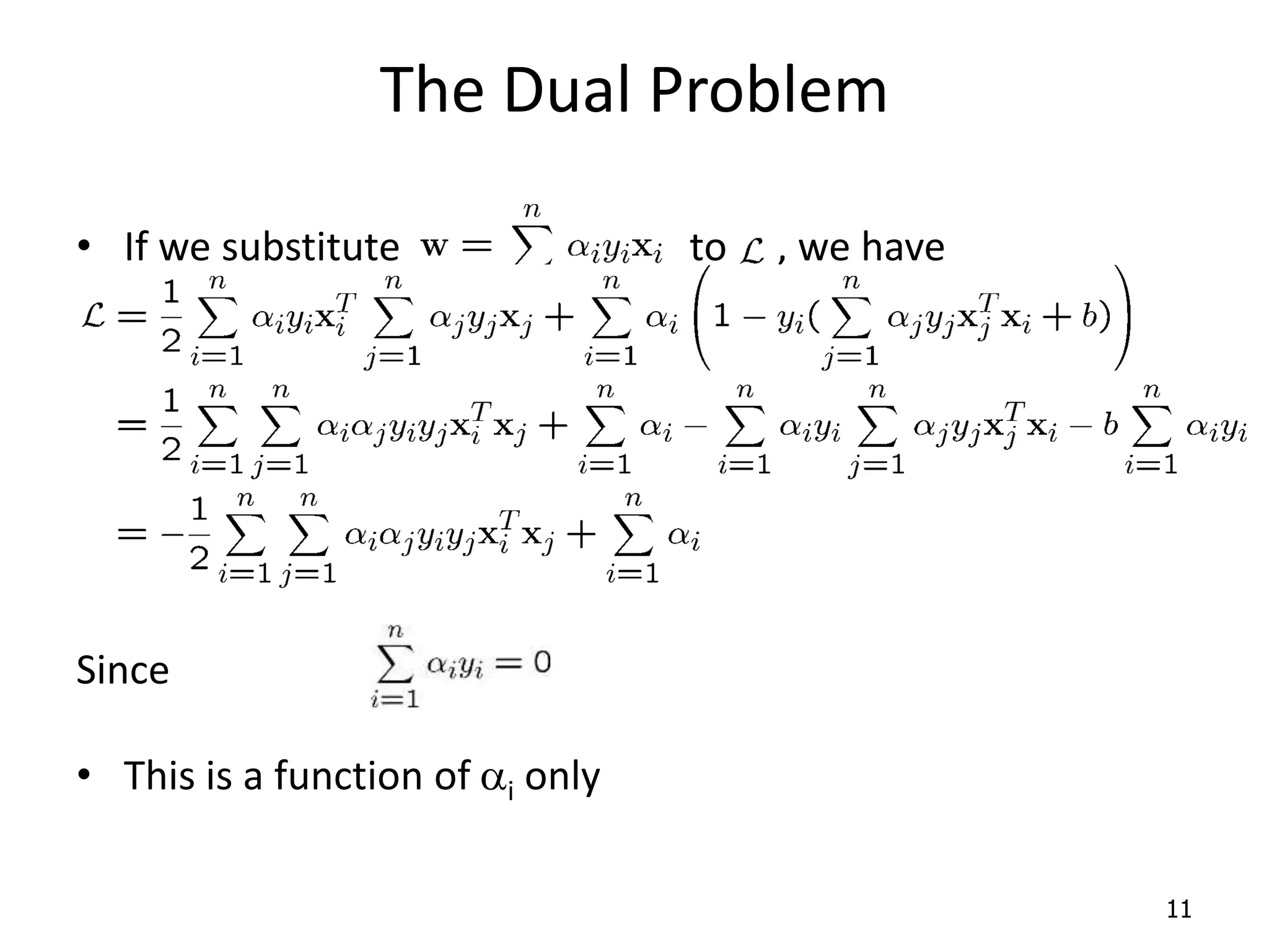 The Dual Problem • If we substitute to , we have Since • This is a function of ai only 11 