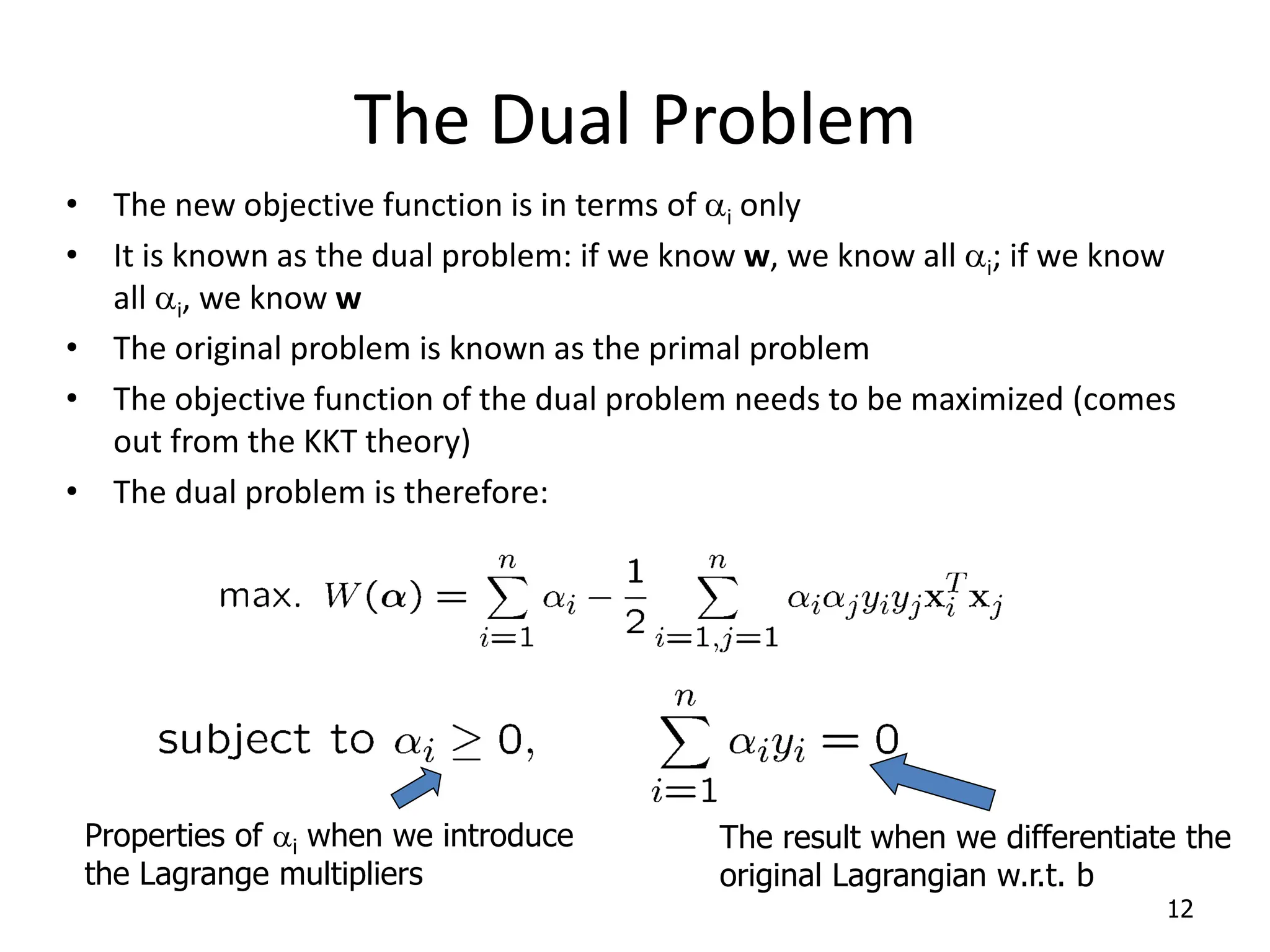 The Dual Problem • The new objective function is in terms of ai only • It is known as the dual problem: if we know w, we know all ai; if we know all ai, we know w • The original problem is known as the primal problem • The objective function of the dual problem needs to be maximized (comes out from the KKT theory) • The dual problem is therefore: 12 Properties of ai when we introduce the Lagrange multipliers The result when we differentiate the original Lagrangian w.r.t. b 