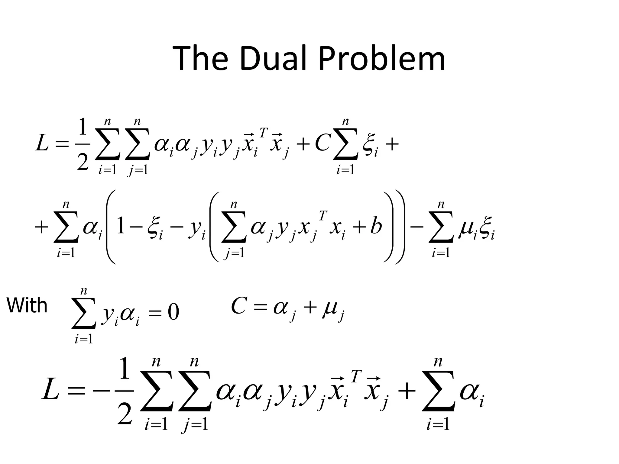 The Dual Problem         n i i j T i j i n i n j j i x x y y L 1 1 1 2 1 a a a                                      n i i i n i n j i T j j j i i i n i i j T i j i n i n j j i b x x y y C x x y y L 1 1 1 1 1 1 1 2 1 x  a x a x a a   j j C  a   0 1    n i i i y a With 