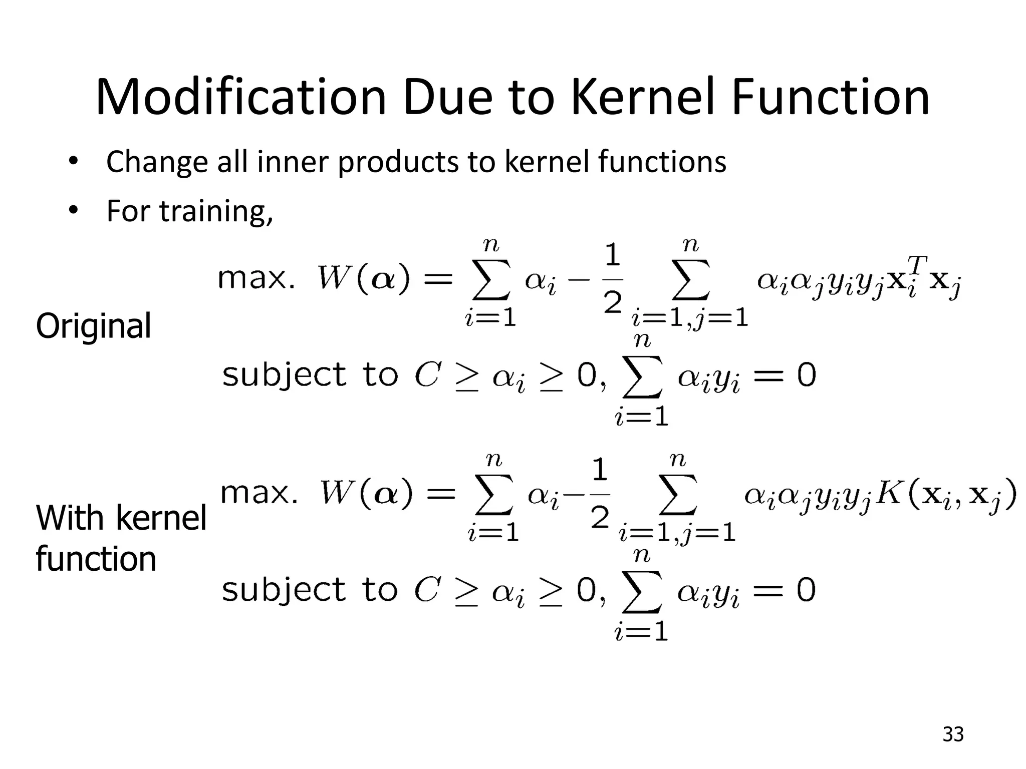 Modification Due to Kernel Function • Change all inner products to kernel functions • For training, 33 Original With kernel function 