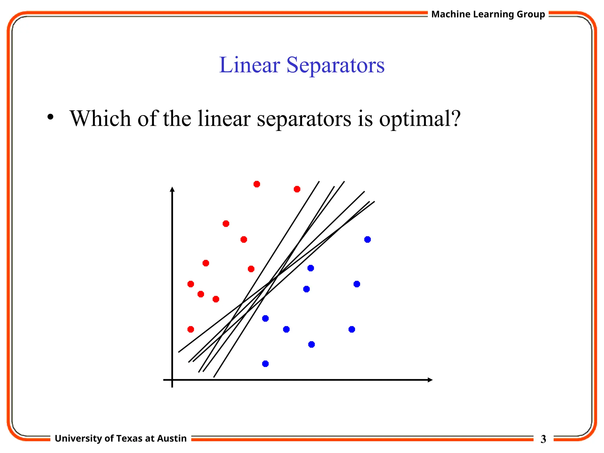 3
University of Texas at Austin
Machine Learning Group
Linear Separators
• Which of the linear separators is optimal?
 