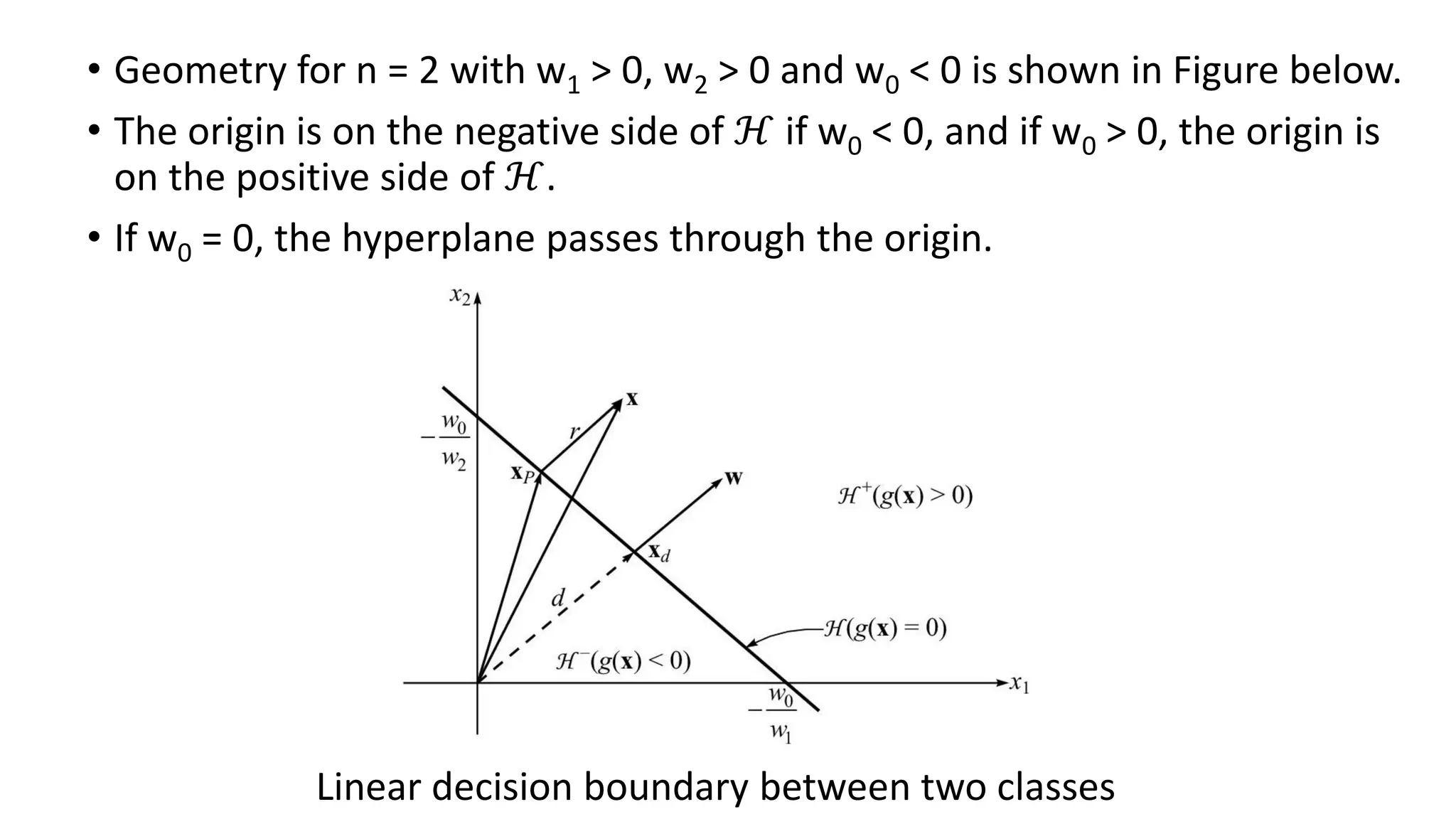 Linear decision boundary between two classes
• Geometry for n = 2 with w1 > 0, w2 > 0 and w0 < 0 is shown in Figure below.
• The origin is on the negative side of ℋ if w0 < 0, and if w0 > 0, the origin is
on the positive side of ℋ.
• If w0 = 0, the hyperplane passes through the origin.
 