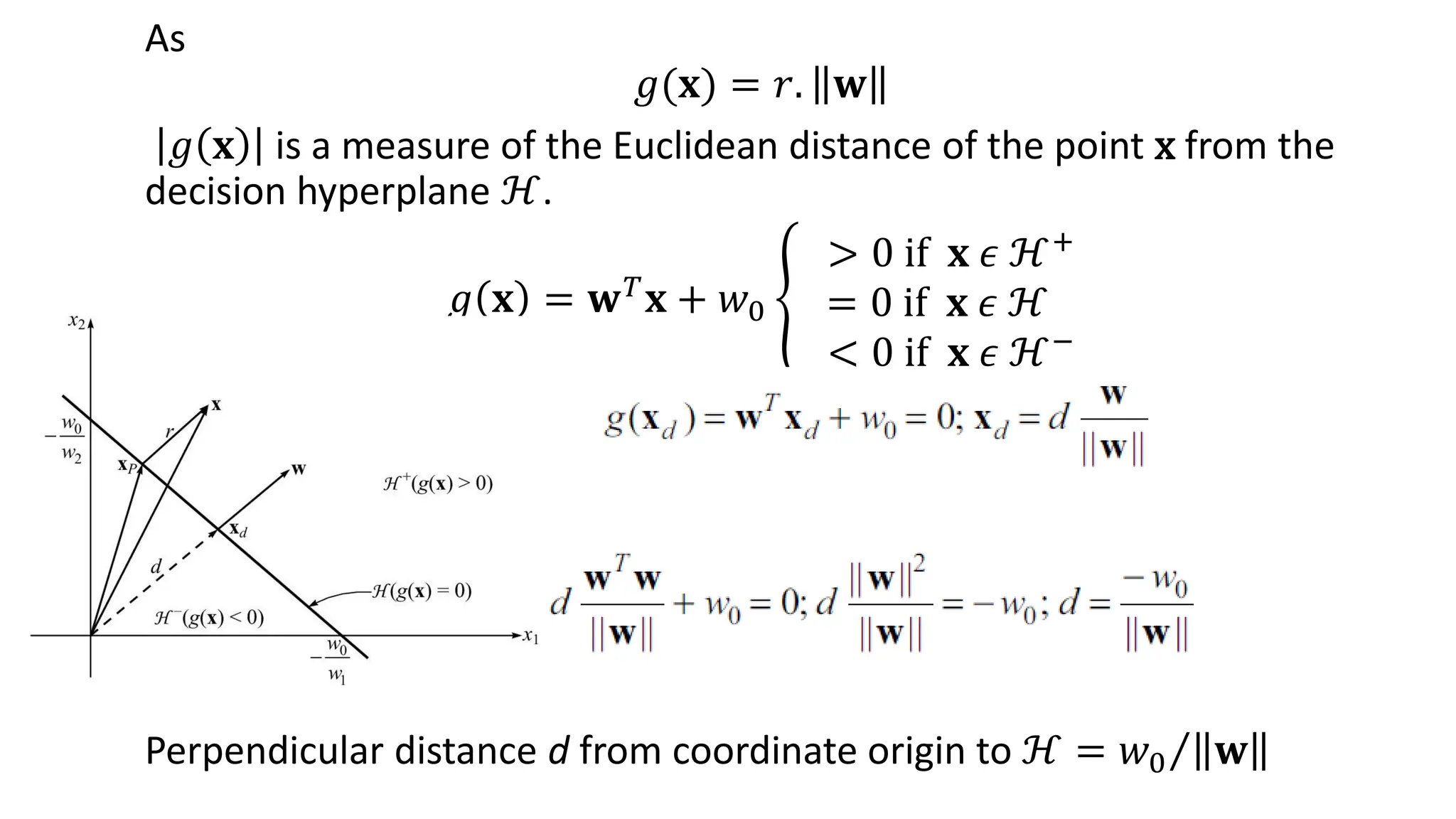As
𝑔(𝐱) = 𝑟. 𝐰
𝑔 𝐱 is a measure of the Euclidean distance of the point x from the
decision hyperplane ℋ.
𝑔 𝐱 = 𝐰𝑇𝐱 + 𝑤0 ቐ
> 0 if 𝐱 𝜖 ℋ+
= 0 if 𝐱 𝜖 ℋ
< 0 if 𝐱 𝜖 ℋ−
Perpendicular distance d from coordinate origin to ℋ = Τ
𝑤0 𝐰
 