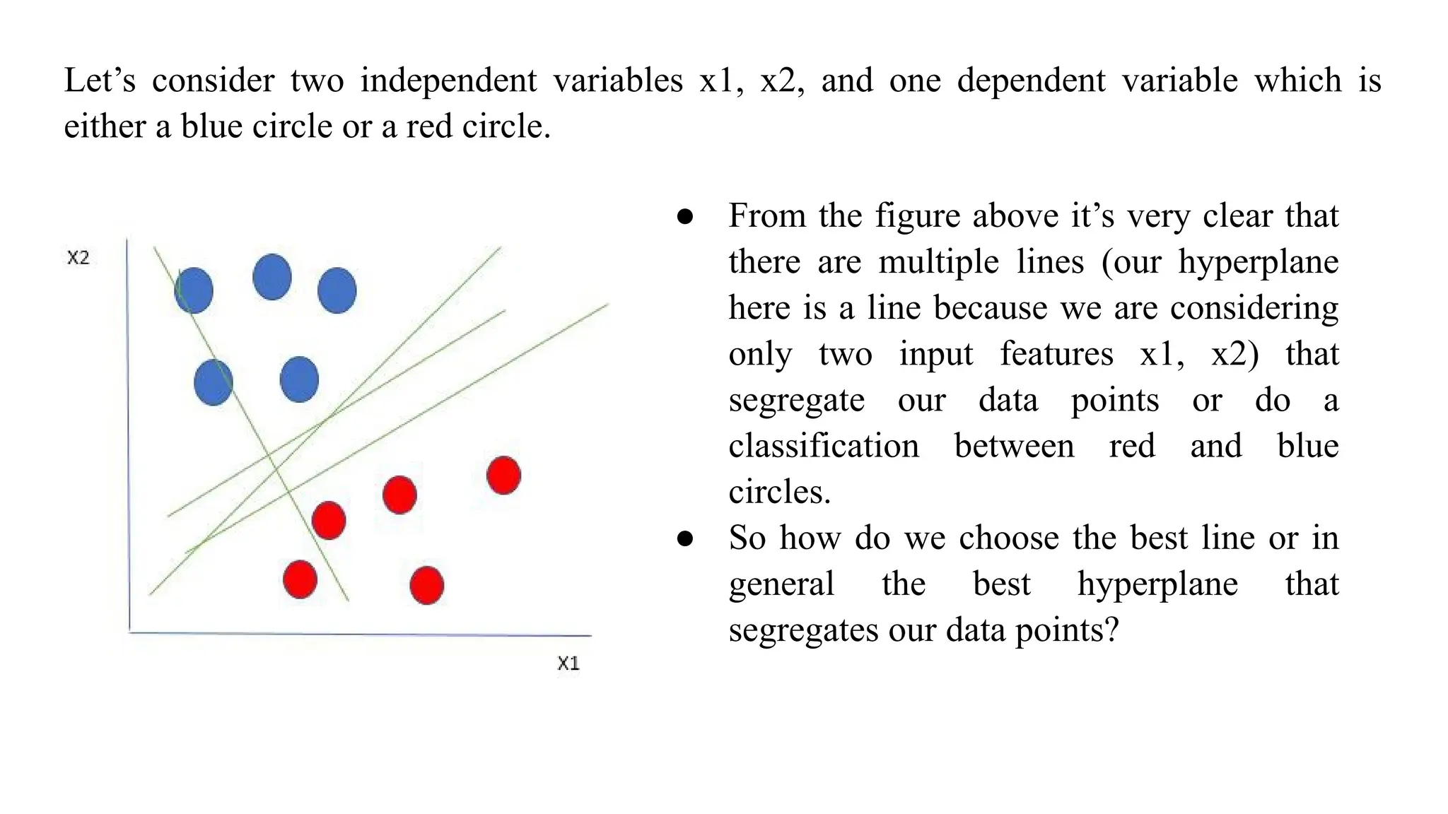 Let’s consider two independent variables x1, x2, and one dependent variable which is
either a blue circle or a red circle.
● From the figure above it’s very clear that
there are multiple lines (our hyperplane
here is a line because we are considering
only two input features x1, x2) that
segregate our data points or do a
classification between red and blue
circles.
● So how do we choose the best line or in
general the best hyperplane that
segregates our data points?
 