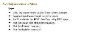 SVM implementation in Python
Steps
● Load the breast cancer dataset from sklearn.datasets
● Separate input features and target variables.
● BuilD and train the SVM classifiers using RBF kernel.
● Plot the scatter plot of the input features.
● Plot the decision boundary.
● Plot the decision boundary
 