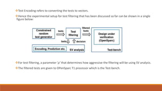 Test Encoding refers to converting the tests to vectors.
Hence the experimental setup for test filtering that has been discussed so far can be shown in a single
figure below:
For test filtering, a parameter ‘ρ’ that determines how aggressive the filtering will be using SV analysis.
The filtered tests are given to OPenSparc T1 processor which is the Test-bench.
 