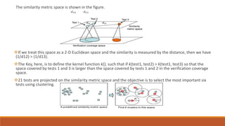 The similarity metric space is shown in the figure.
If we treat this space as a 2-D Euclidean space and the similarity is measured by the distance, then we have
(1/d12) > (1/d13).
The Key, here, is to define the kernel function k(), such that if k(test1, test2) > k(test1, test3) so that the
space covered by tests 1 and 3 is larger than the space covered by tests 1 and 2 in the verification coverage
space.
21 tests are projected on the similarity metric space and the objective is to select the most important six
tests using clustering.
 