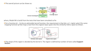 The overall picture can be shown as:
where, Model Mt is build from the tests that have been simulated so far.
For a function k(·, ·) to be an admissible kernel function, the requirement is that k(xi, xj ) = {φ(xi), φ(xj )} for some
mapping function φ that maps a test from the original input space into the similarity metric space as shown.
The shape of the region is decided by the kernel k. The region is defined by number of tests called Support
Vectors.
 