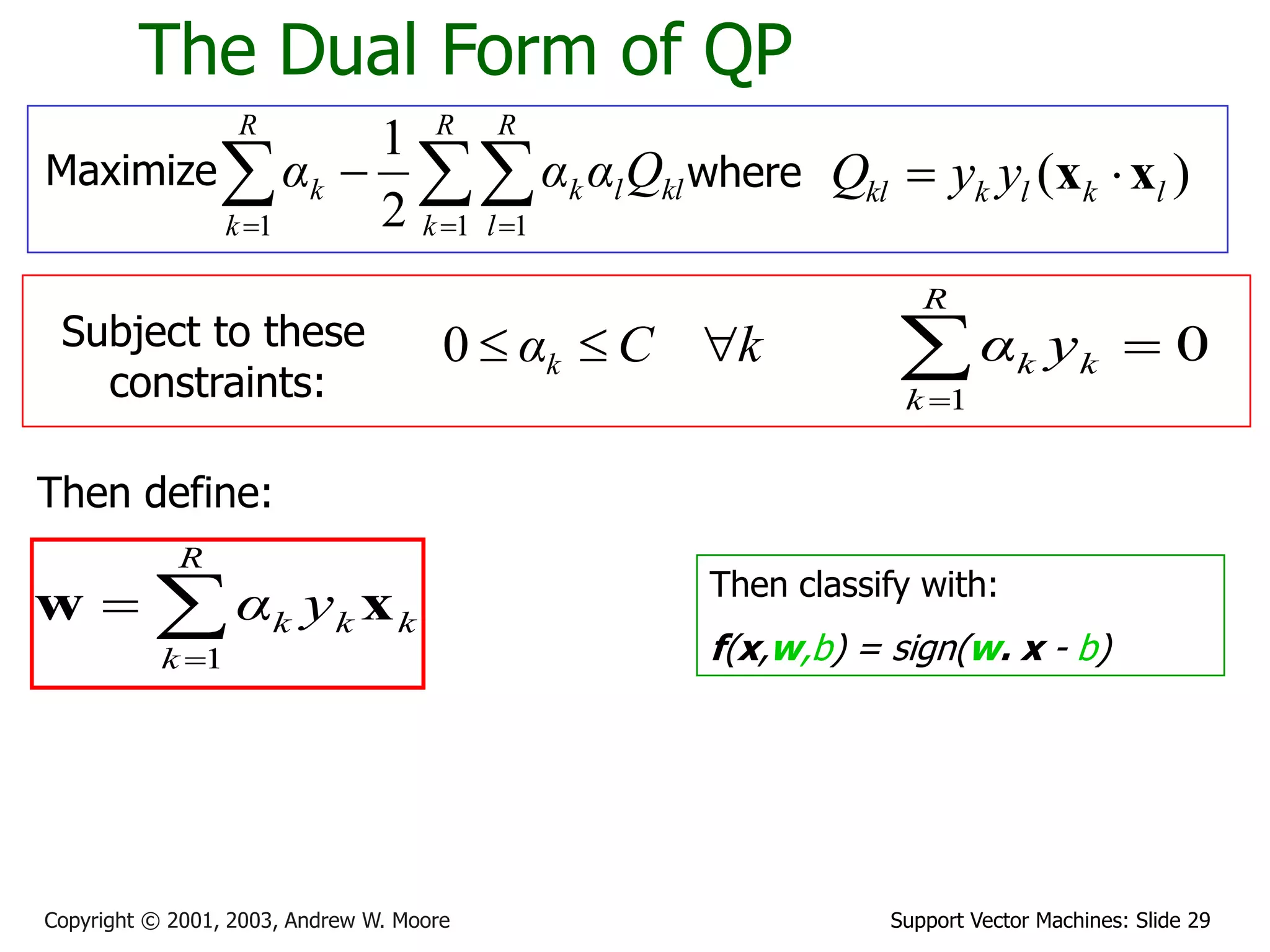 Support Vector Machines: Slide 29
Copyright © 2001, 2003, Andrew W. Moore
The Dual Form of QP
Maximize 
  


R
k
R
l
kl
l
k
R
k
k Q
α
α
α
1 1
1 2
1
where ( )
kl k l k l
Q y y
 
x x
Subject to these
constraints:
k
C
αk 


0
Then define:



R
k
k
k
k y
α
1
x
w Then classify with:
f(x,w,b) = sign(w. x - b)
0
1



R
k
k
k y
α
 