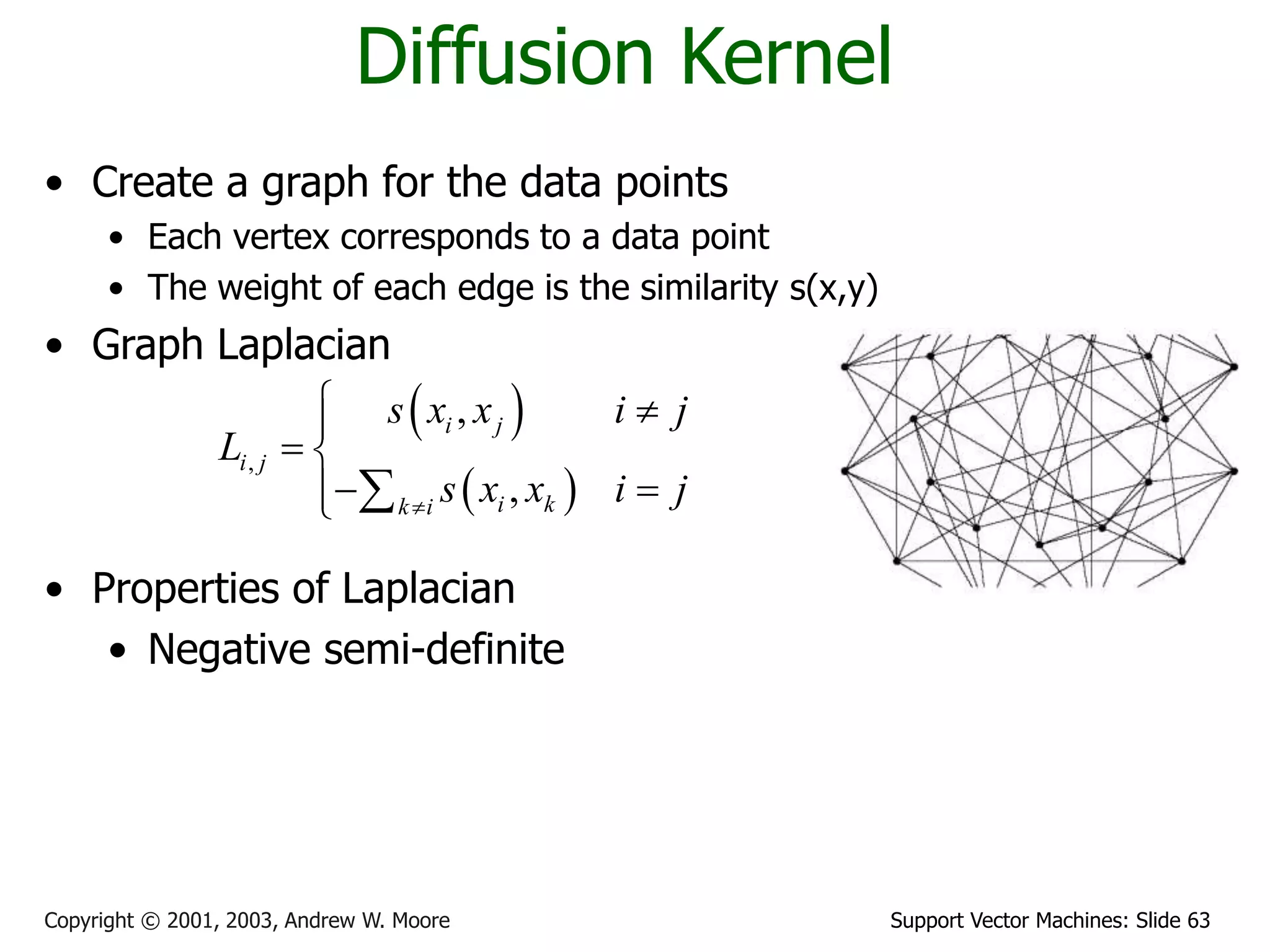 Support Vector Machines: Slide 63
Copyright © 2001, 2003, Andrew W. Moore
Diffusion Kernel
• Create a graph for the data points
• Each vertex corresponds to a data point
• The weight of each edge is the similarity s(x,y)
• Graph Laplacian
• Properties of Laplacian
• Negative semi-definite
 
 
,
,
,
i j
i j
i k
k i
s x x i j
L
s x x i j

 

 
 

 
 