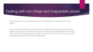 Dealing with non-linear and inseparable planes
Some problems can’t be solved using linear hyperplane, as shown in the figure
below
In such situation, SVM uses a kernel trick to transform the input space to a higher
dimensional space as shown on the right. The data points are plotted on the x-axis
and z-axis (Z is the squared sum of both x and y: z=x^2=y^2). Now you can easily
segregate these points using linear separation.
 
