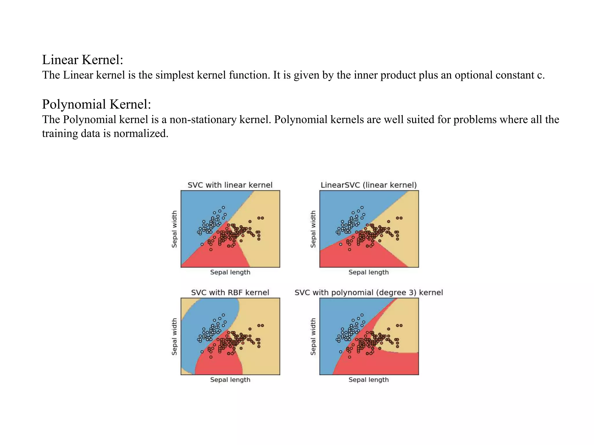 Linear Kernel:
The Linear kernel is the simplest kernel function. It is given by the inner product plus an optional constant c.
Polynomial Kernel:
The Polynomial kernel is a non-stationary kernel. Polynomial kernels are well suited for problems where all the
training data is normalized.
 