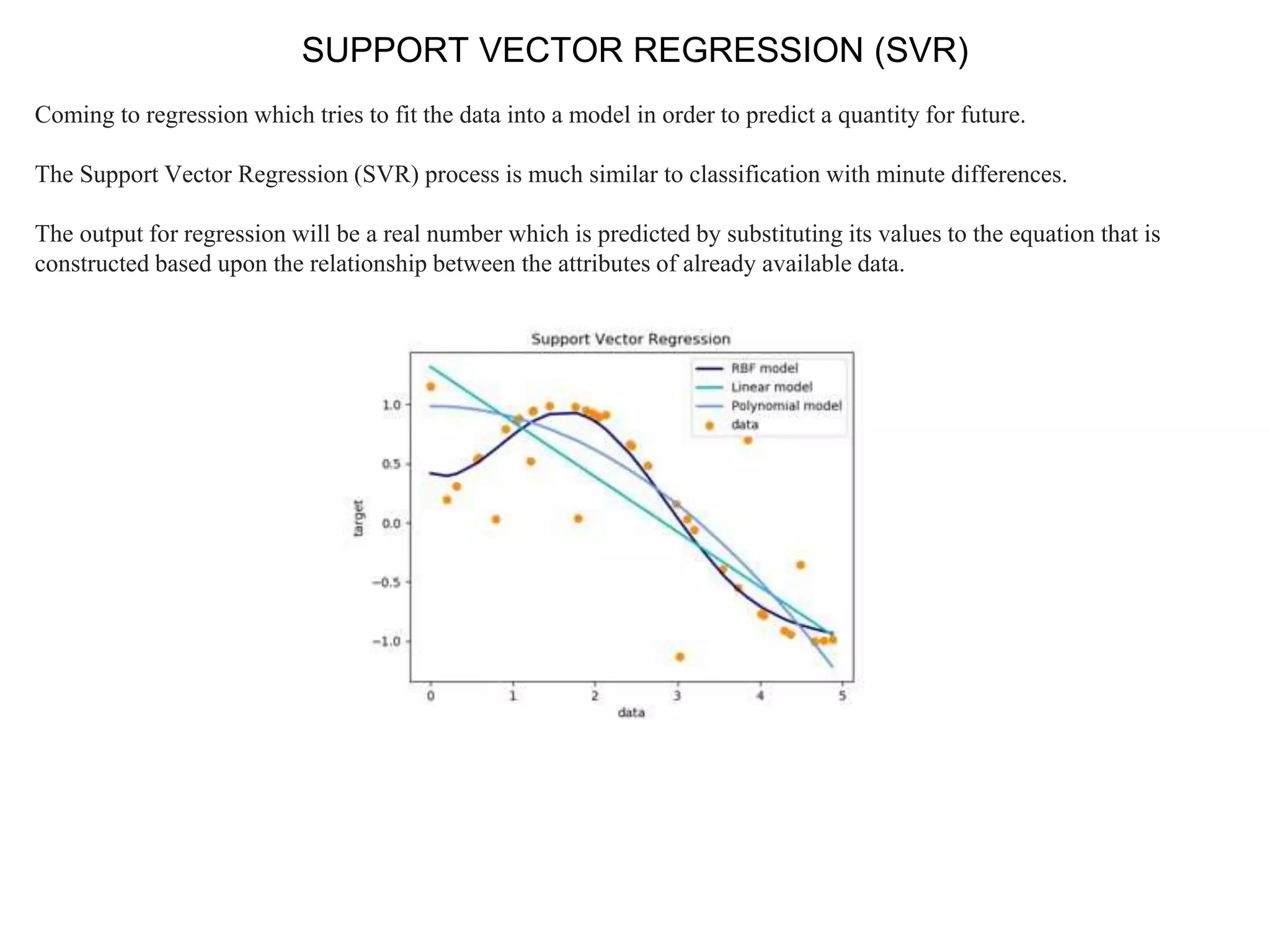 SUPPORT VECTOR REGRESSION (SVR)
Coming to regression which tries to fit the data into a model in order to predict a quantity for future.
The Support Vector Regression (SVR) process is much similar to classification with minute differences.
The output for regression will be a real number which is predicted by substituting its values to the equation that is
constructed based upon the relationship between the attributes of already available data.
 