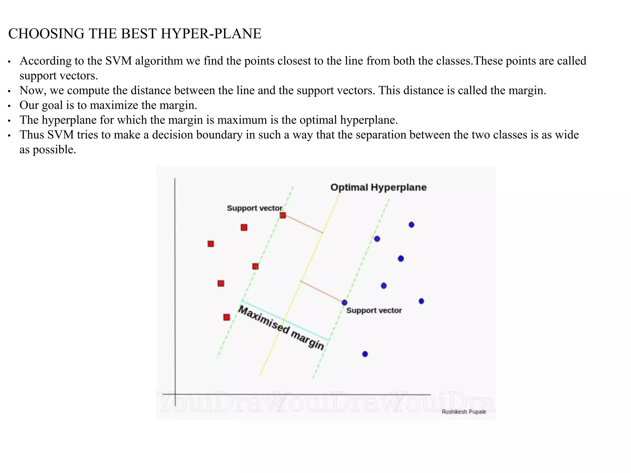 CHOOSING THE BEST HYPER-PLANE
• According to the SVM algorithm we find the points closest to the line from both the classes.These points are called
support vectors.
• Now, we compute the distance between the line and the support vectors. This distance is called the margin.
• Our goal is to maximize the margin.
• The hyperplane for which the margin is maximum is the optimal hyperplane.
• Thus SVM tries to make a decision boundary in such a way that the separation between the two classes is as wide
as possible.
 
