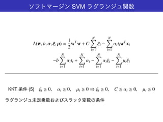 ソフトマージン SVM ラグランジュ関数
L(w, b, α, ξ, µ) =
1
2
wT
w + C
N∑
i=1
ξi −
N∑
i=1
αitiwT
xi
−b
N∑
i=1
αiti +
N∑
i=1
αi −
N∑
i=1
αiξi −
N∑
i=1
µiξi
KKT 条件 (5) ξi ≥ 0, αi ≥ 0, µi ≥ 0 ⇒ ξi ≥ 0, C ≥ αi ≥ 0, µi ≥ 0
ラグランジュ未定乗数およびスラック変数の条件
 