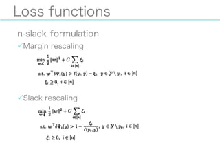 Loss functions
n-slack formulation
üMargin rescaling
üSlack rescaling
 