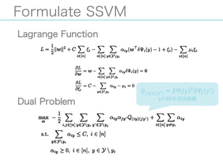 Formulate SSVM
Lagrange Function
Dual Problem
𝑄(;9)(<9=) = 𝛿Ψ? y A 𝛿Ψ<(𝑦B)
p149の式は誤植
 