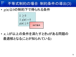 ʽƼsΈϣƼsΌ(3)	
?? g(x)R0Ƽs¤ǵä



            KKT	



?? x, ˤϤ򜺤Ȥx놖}
mȤʤ(Ȥ֪Ƥ)



                             15	
 