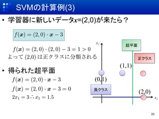 SVMӋ(3)	
?? ѧ¤ǩ`x=(2,0)飿


                  x2	
                              ƽ	


                                      饹	
                            (1,1)	
?? ä줿ƽ
                  (0,1)	
                  ؓ饹	
                                      (2,0)	
                                                x1	



                                           23	
 