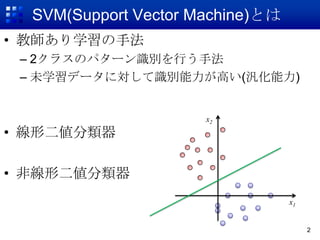 SVM(Support Vector Machine)Ȥ
? ̎ѧַ
 C 2饹Υѥ`ReФַ
 C δѧǩ`ˌReߤ()


                      x2
? ζ

? Ǿζ
                                  x1


                                       2
 