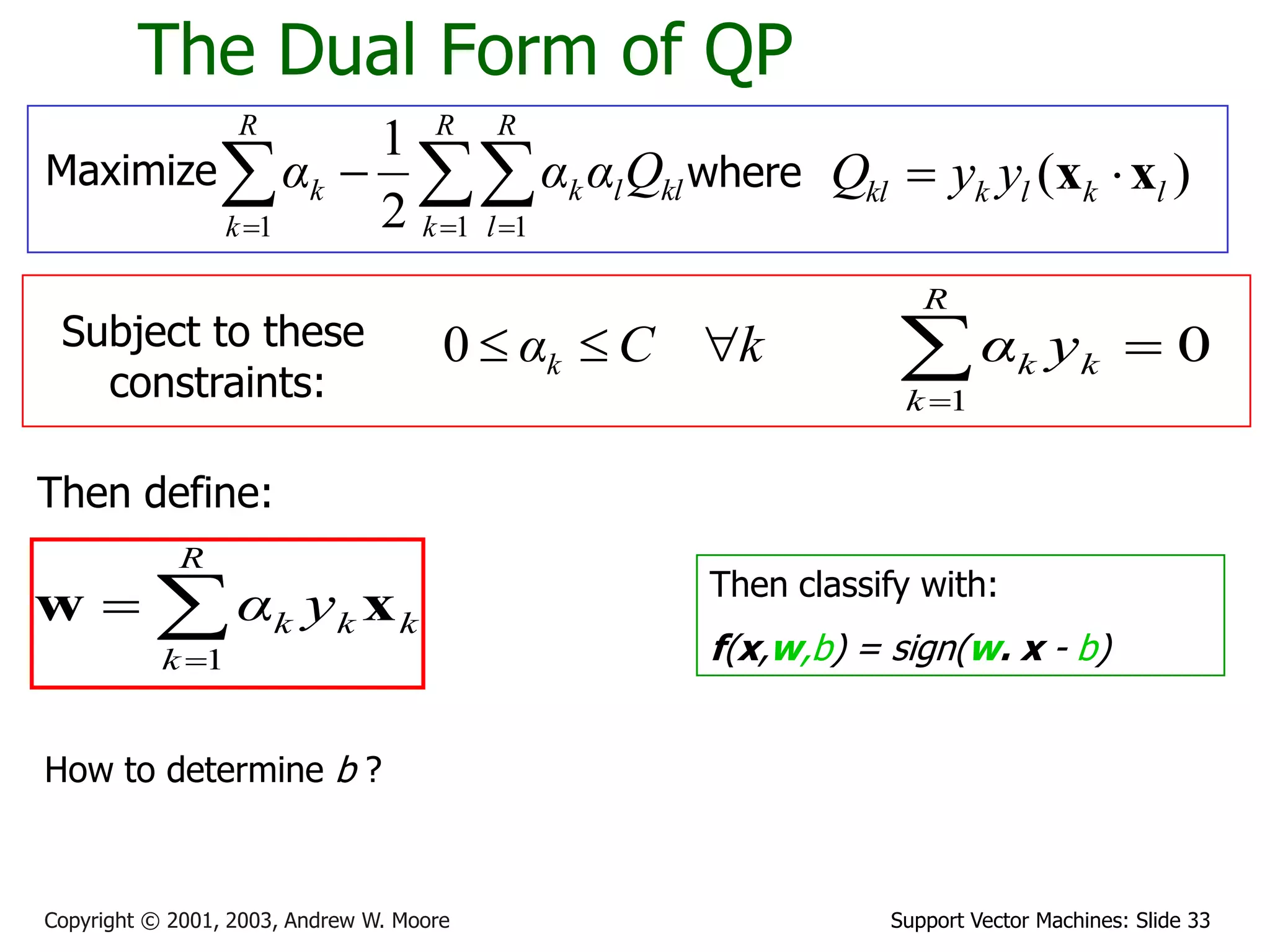 Support Vector Machines: Slide 33Copyright © 2001, 2003, Andrew W. Moore
The Dual Form of QP
Maximize   

R
k
R
l
kllk
R
k
k Qααα
1 11 2
1
where ( )kl k l k lQ y y x x
Subject to these
constraints:
kCαk 0
Then define:


R
k
kkk yα
1
xw Then classify with:
f(x,w,b) = sign(w. x - b)
0
1

R
k
kk yα
How to determine b ?
 