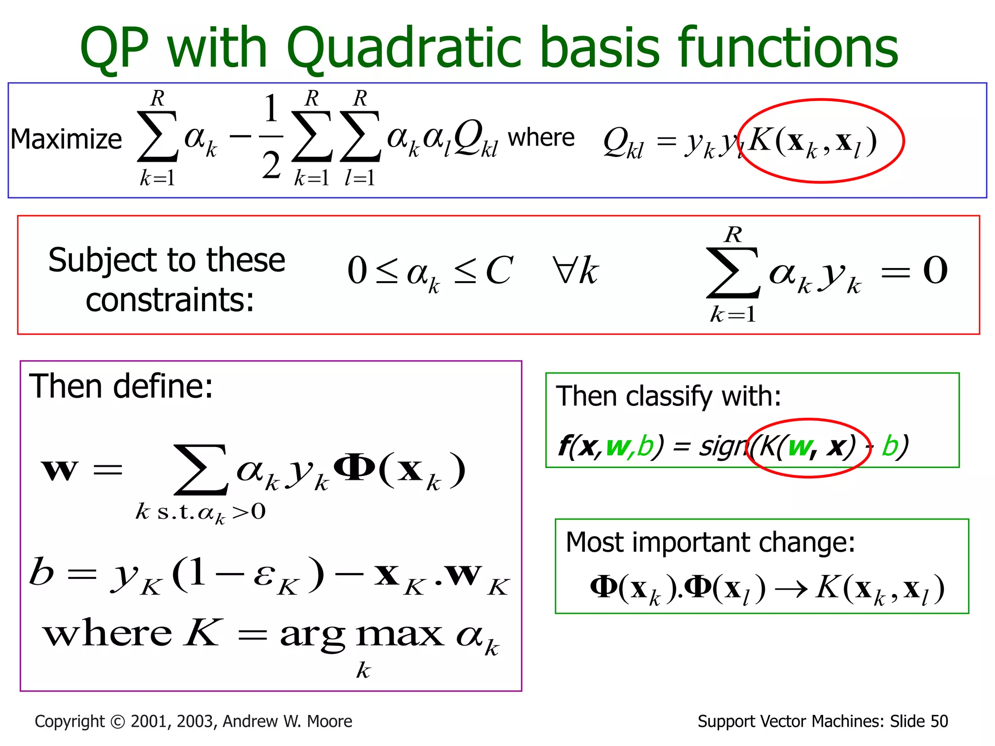 Support Vector Machines: Slide 50Copyright © 2001, 2003, Andrew W. Moore
QP with Quadratic basis functions
where ),( lklkkl KyyQ xx
Subject to these
constraints:
kCαk 0
Then define:
k
k
KKKK
αK
εyb
maxargwhere
.)1(

 wx
Then classify with:
f(x,w,b) = sign(K(w, x) - b)
0
1

R
k
kk yα


0s.t.
)(
kαk
kkk yα xΦw
Maximize   

R
k
R
l
kllk
R
k
k Qααα
1 11 2
1
Most important change:
),()().( lklk K xxxΦxΦ 
 