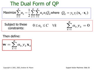 Support Vector Machines: Slide 30Copyright © 2001, 2003, Andrew W. Moore
The Dual Form of QP
Maximize   

R
k
R
l
kllk
R
k
k Qααα
1 11 2
1
where ( )kl k l k lQ y y x x
Subject to these
constraints:
kCαk 0
Then define:


R
k
kkk yα
1
xw
0
1

R
k
kk yα
 